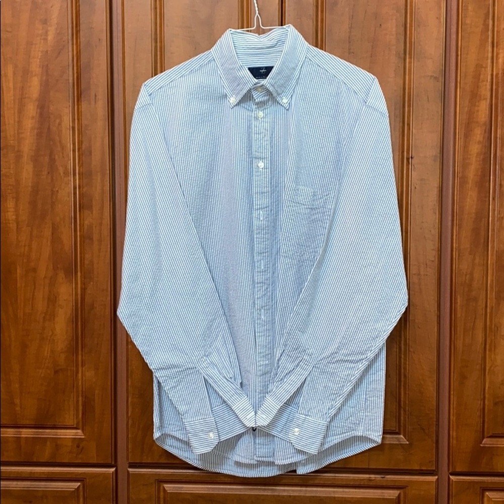 Z Zegna sport blue and white seersucker shirt.